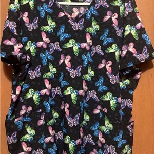 Scrubstar Butterfly Print Scrub Top - Black, Pink, Blue, Green